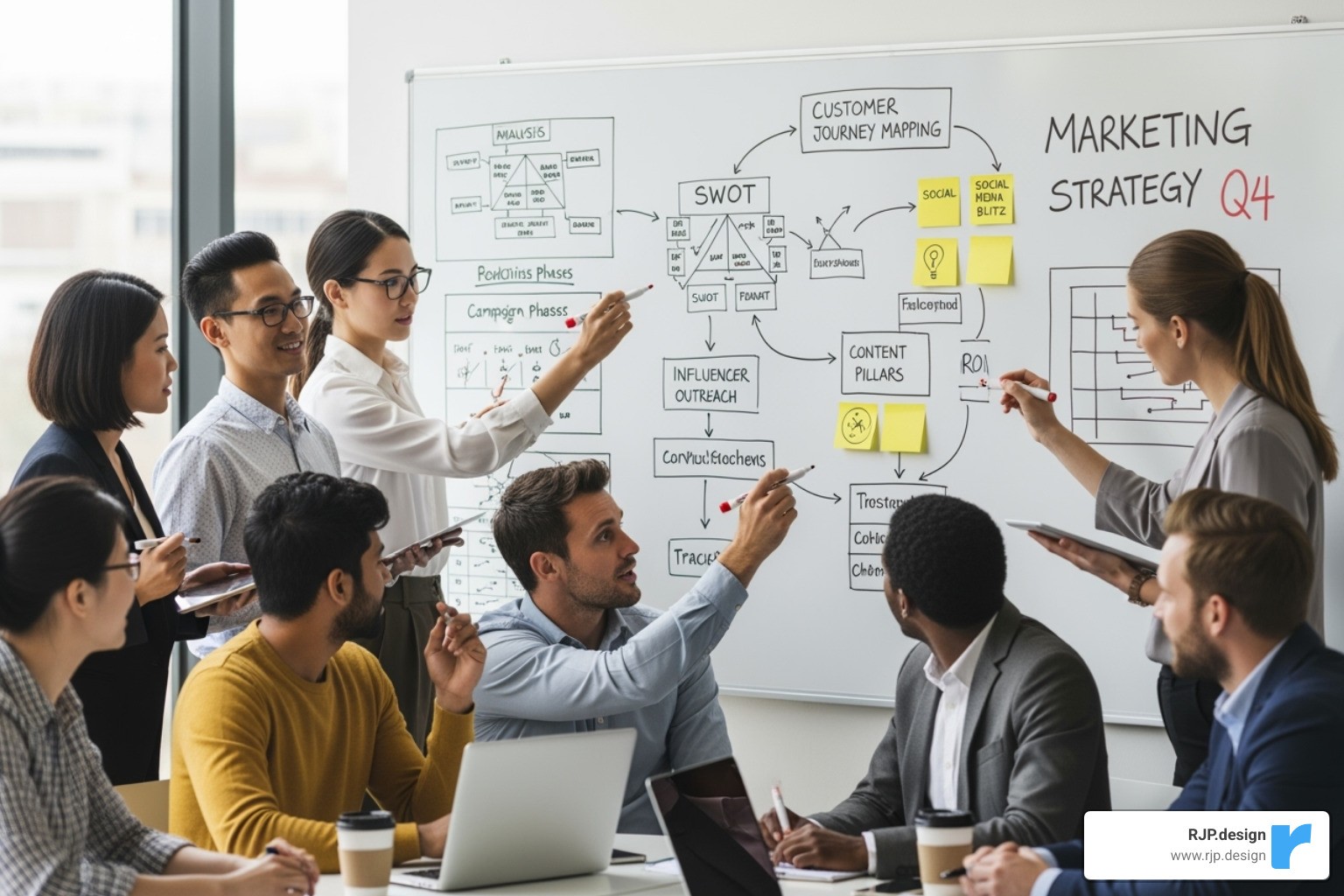 A diverse team collaborating around a whiteboard, sketching out a complex marketing strategy with various diagrams and notes, indicating brainstorming and strategic planning. - digital marketing and advertising services