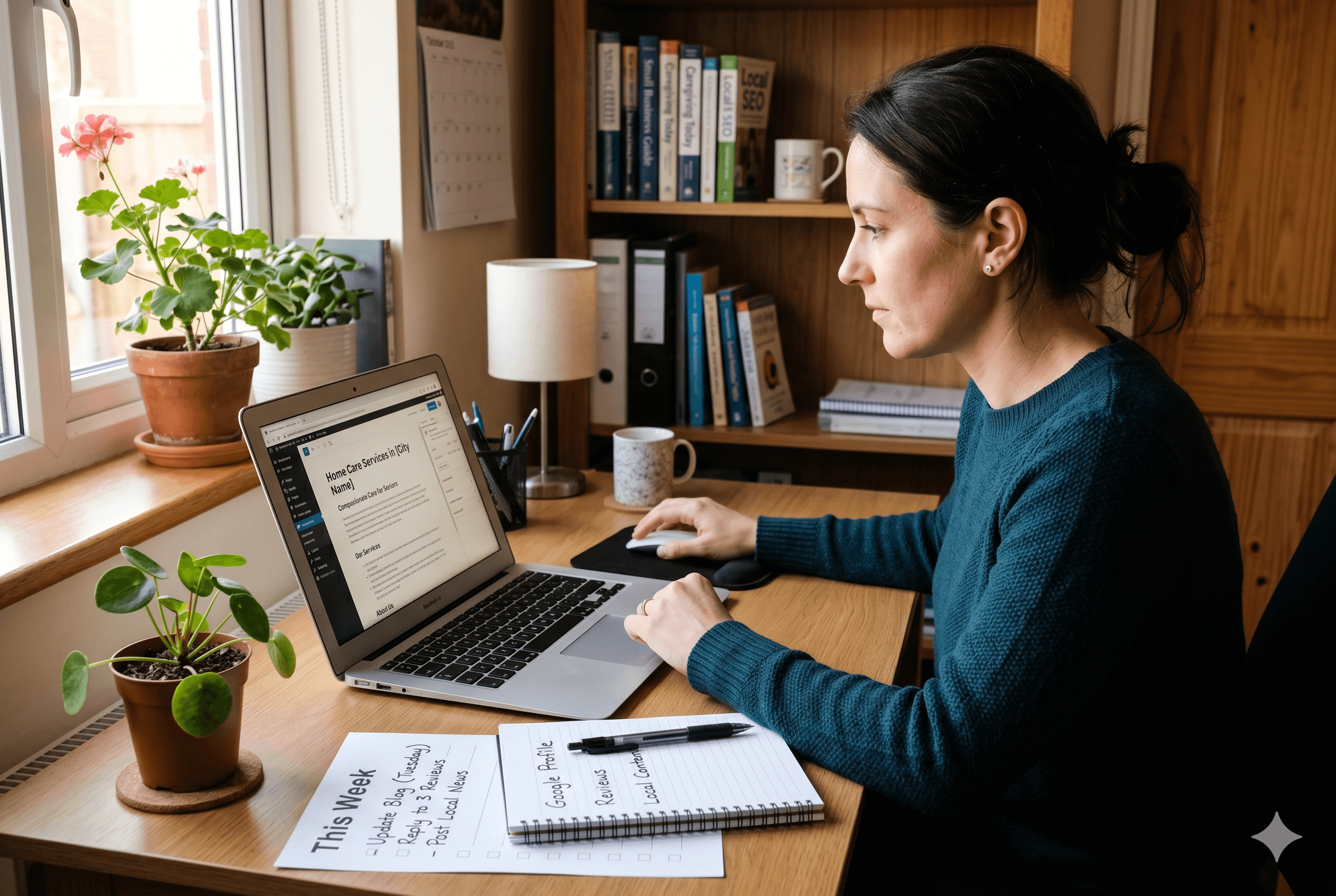 A woman in her late thirties sits at a tidy wooden desk in a sunlit home office, focused on a laptop screen displaying a website editor for a home care agency. On the desk, a handwritten notepad lists marketing tasks like "Google Profile" and "Reviews" alongside a printed weekly checklist, a small potted plant, and a pen.
