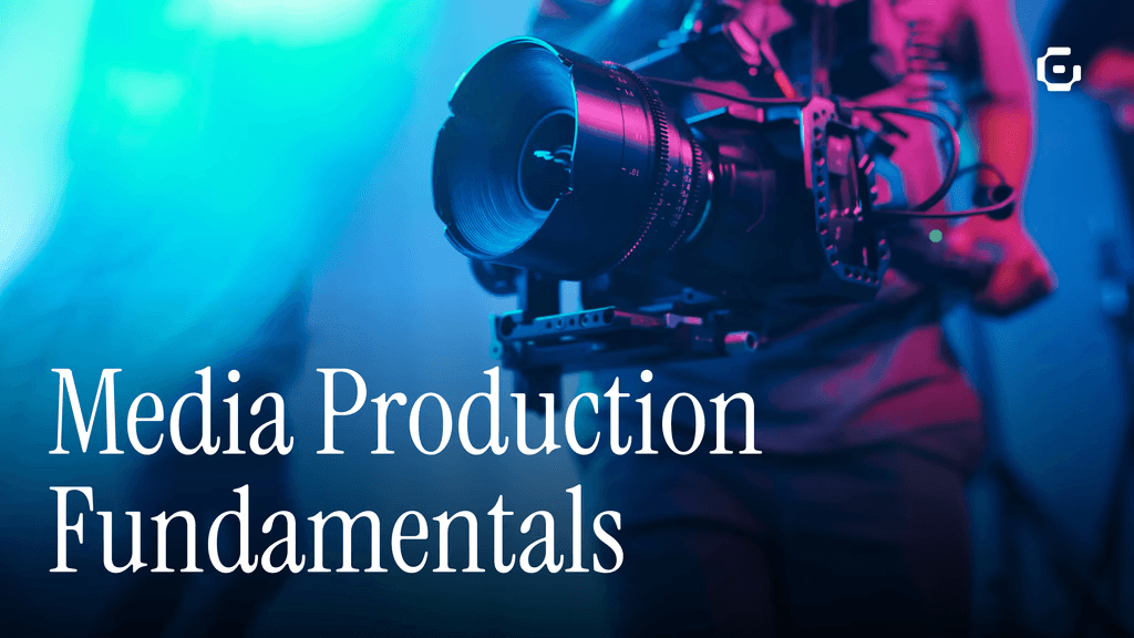 A close-up of a professional video camera mounted on a stabilizing rig, held by a person whose torso and arms are partially visible. The scene is lit with vibrant blue and magenta lighting, creating a cinematic atmosphere. The camera lens is prominently featured in the foreground, with a softly blurred background suggesting a studio or production environment.