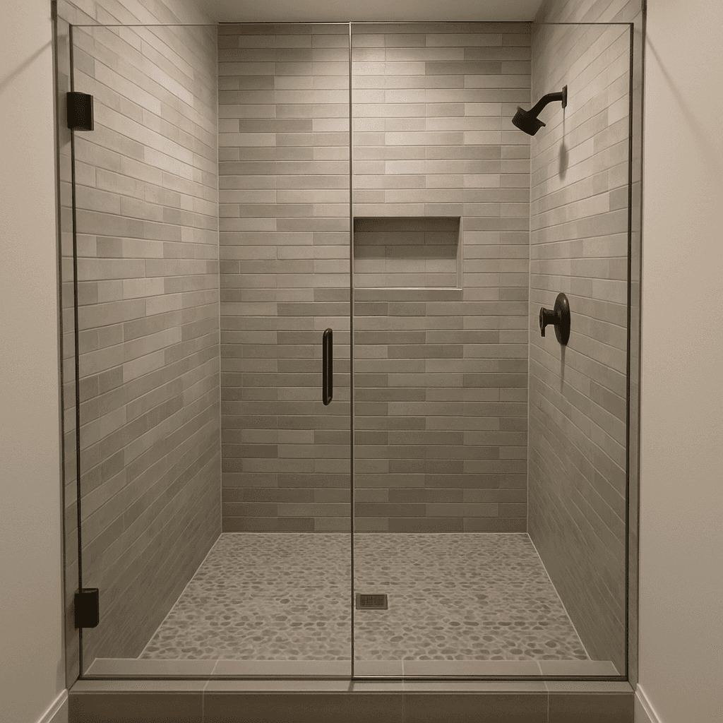 A modern walk-in shower with frameless glass and custom tiles