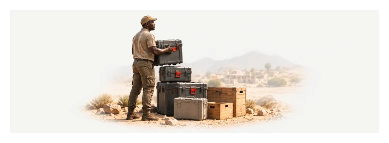 Concept rendering of a man with prosthetic and assistive device kit cases