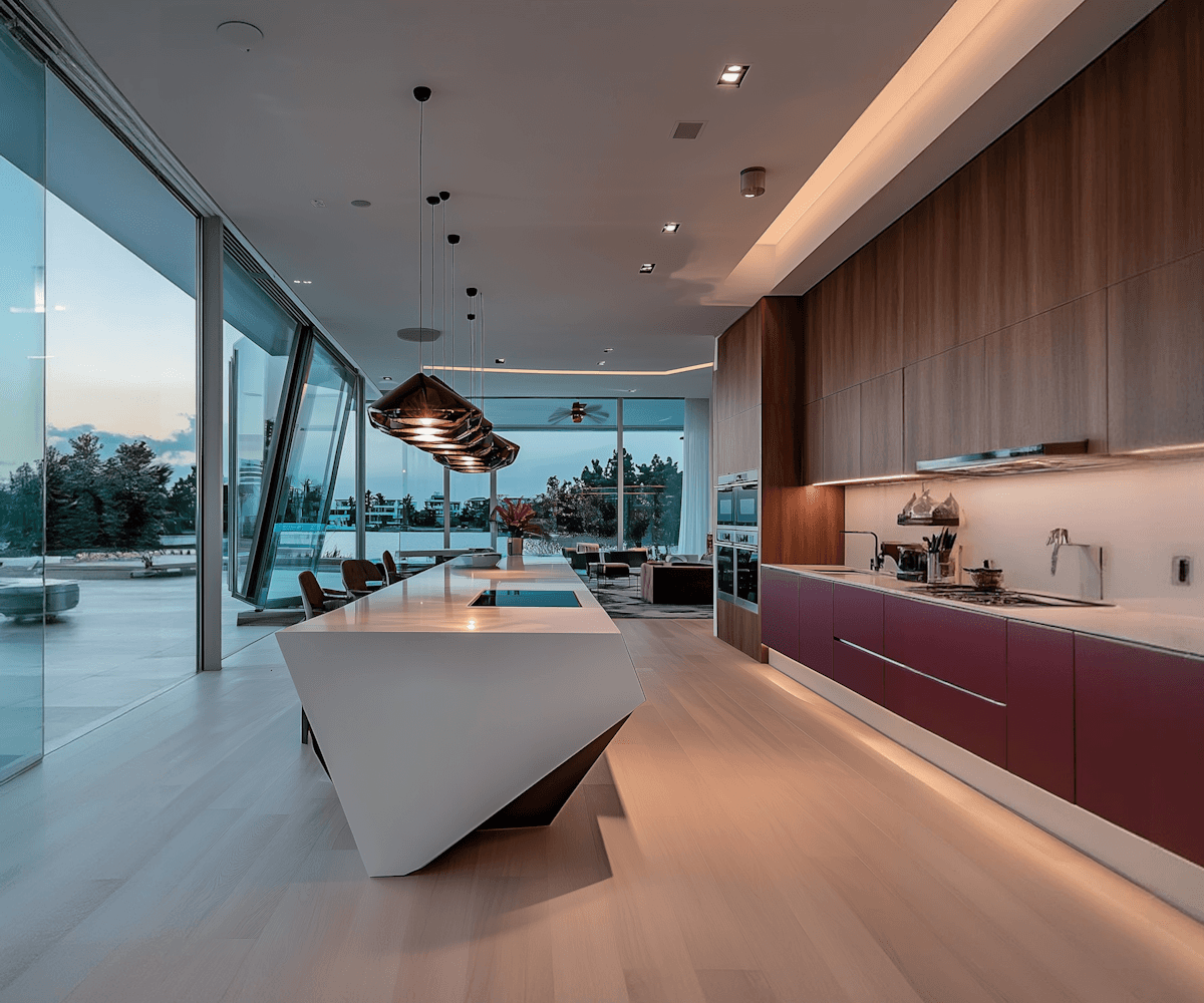 Luxurious modern kitchen with floor-to-ceiling angled glass windows overlooking water view