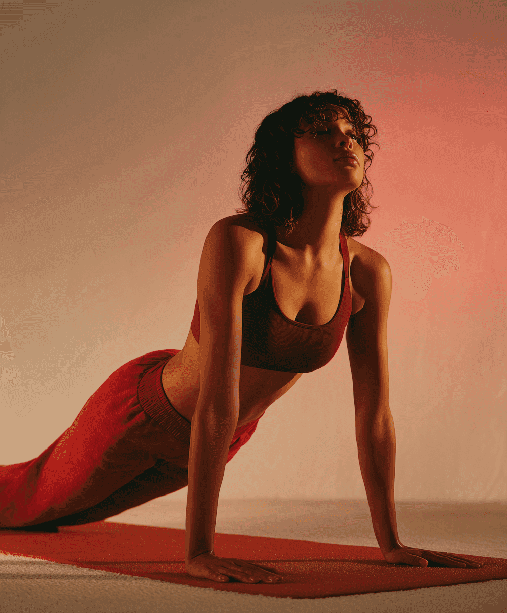 Woman in yoga pose on red mat, wearing red workout attire. Warm lighting creates a calm ambiance. Emphasis on strength and focus.