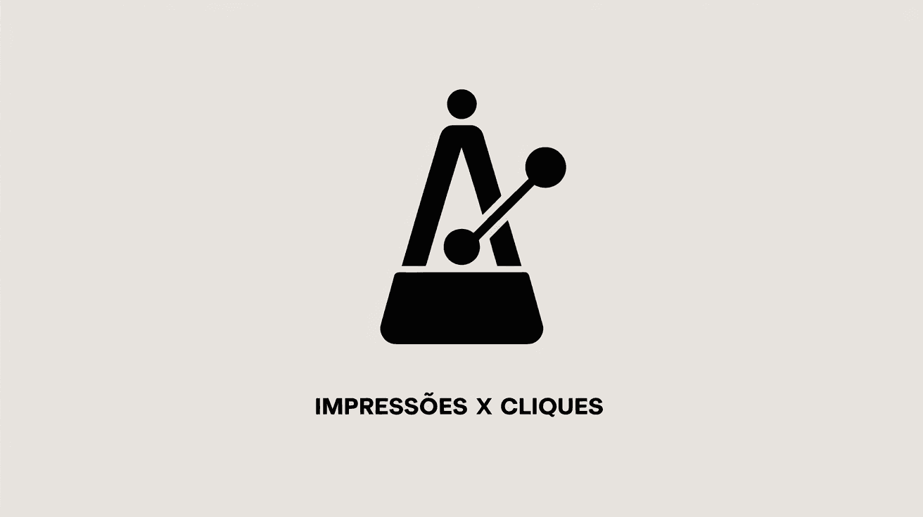 generate simple digital beat metronomic  icon without shadows with text "IMPRESSÕES x CLIQUES"