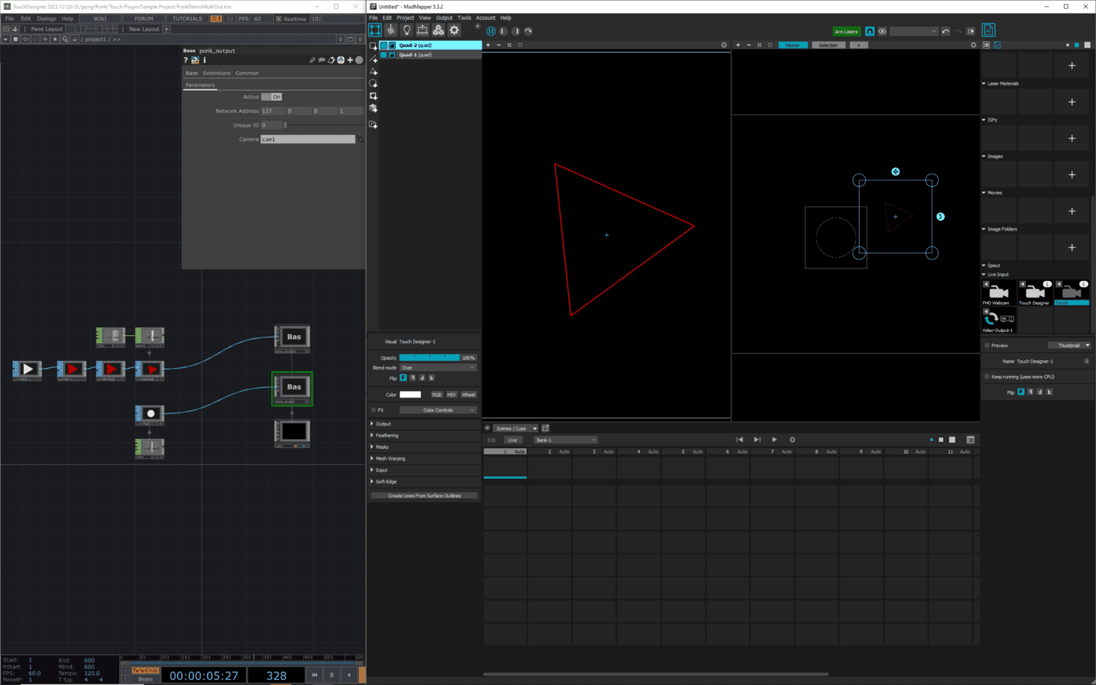 TouchDesigner UI showing node network and timeline