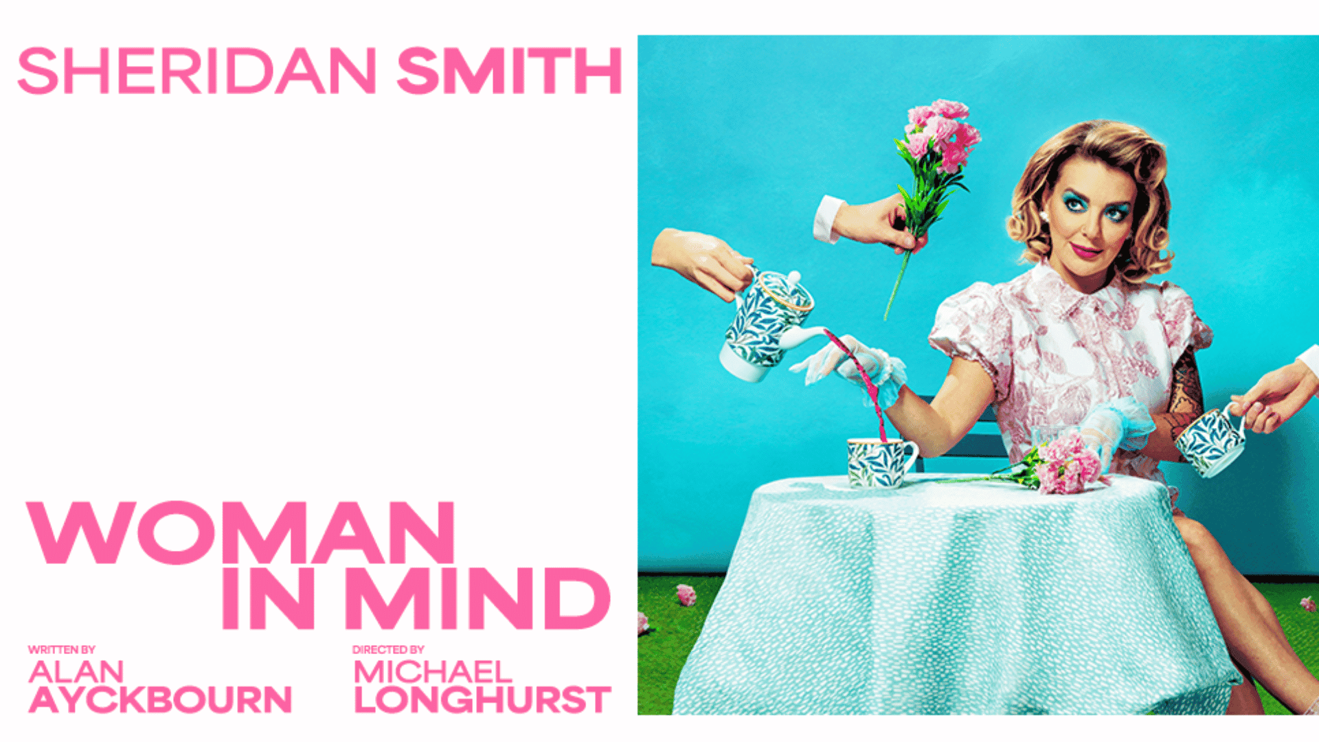 Sheridan Smith in vintage dress with teapot and flowers. Woman In Mind at the Duke of York's Theatre in London.