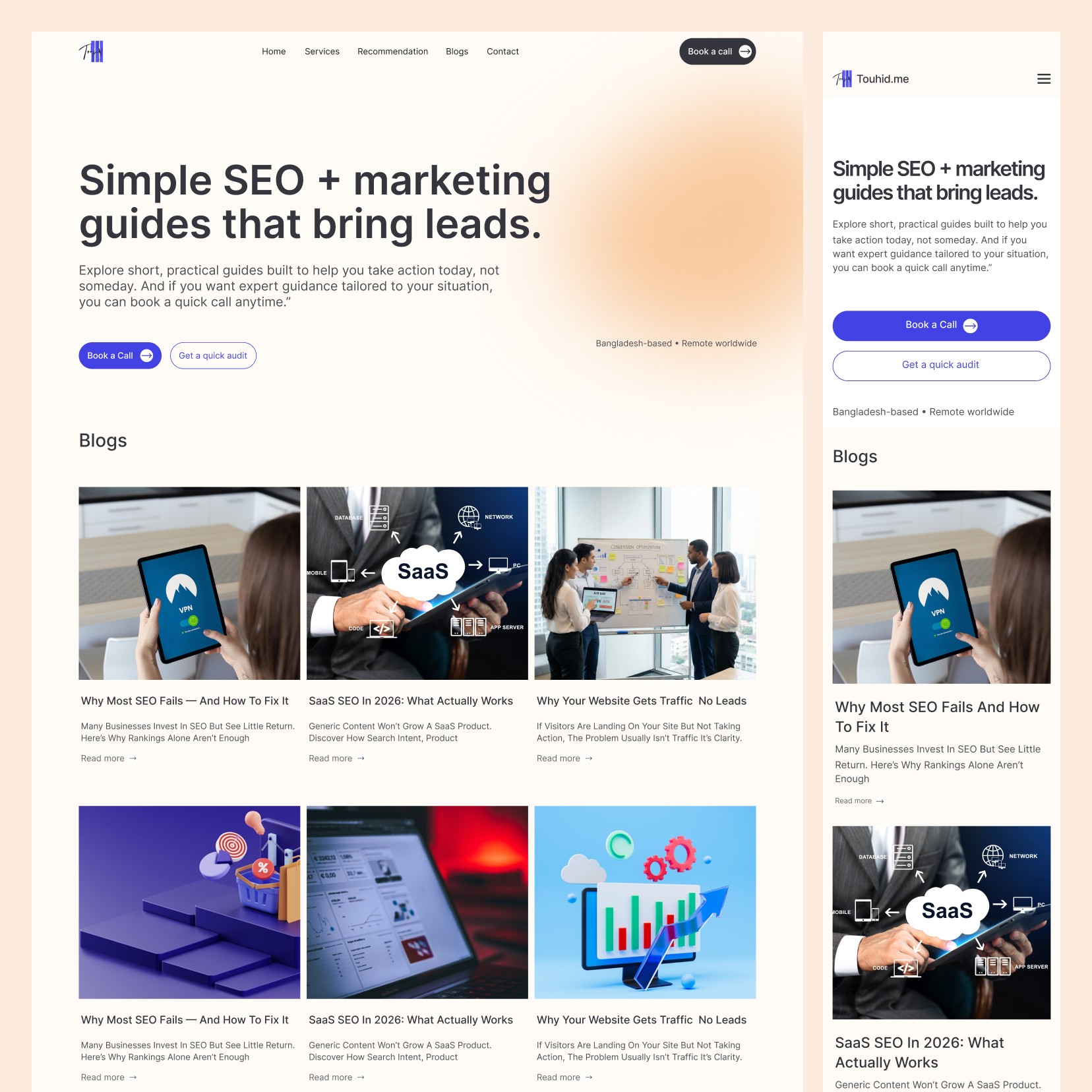 UI/UX design case study for an information technology professional portfolio website — services and portfolio page layout for touhid.bd by Hadi