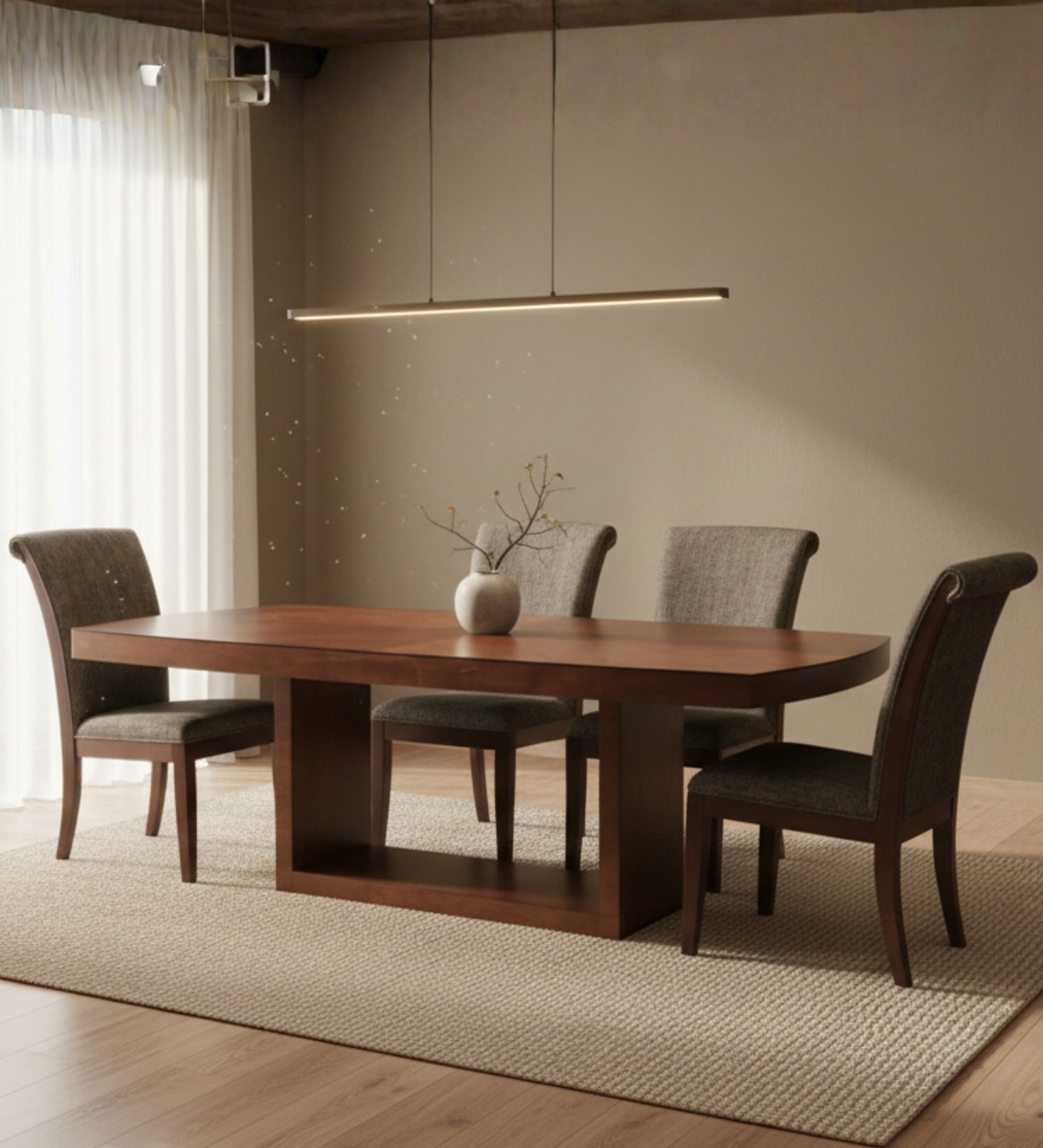 Luxury lounge seating with striped armchairs styled in a minimalist neutral interior