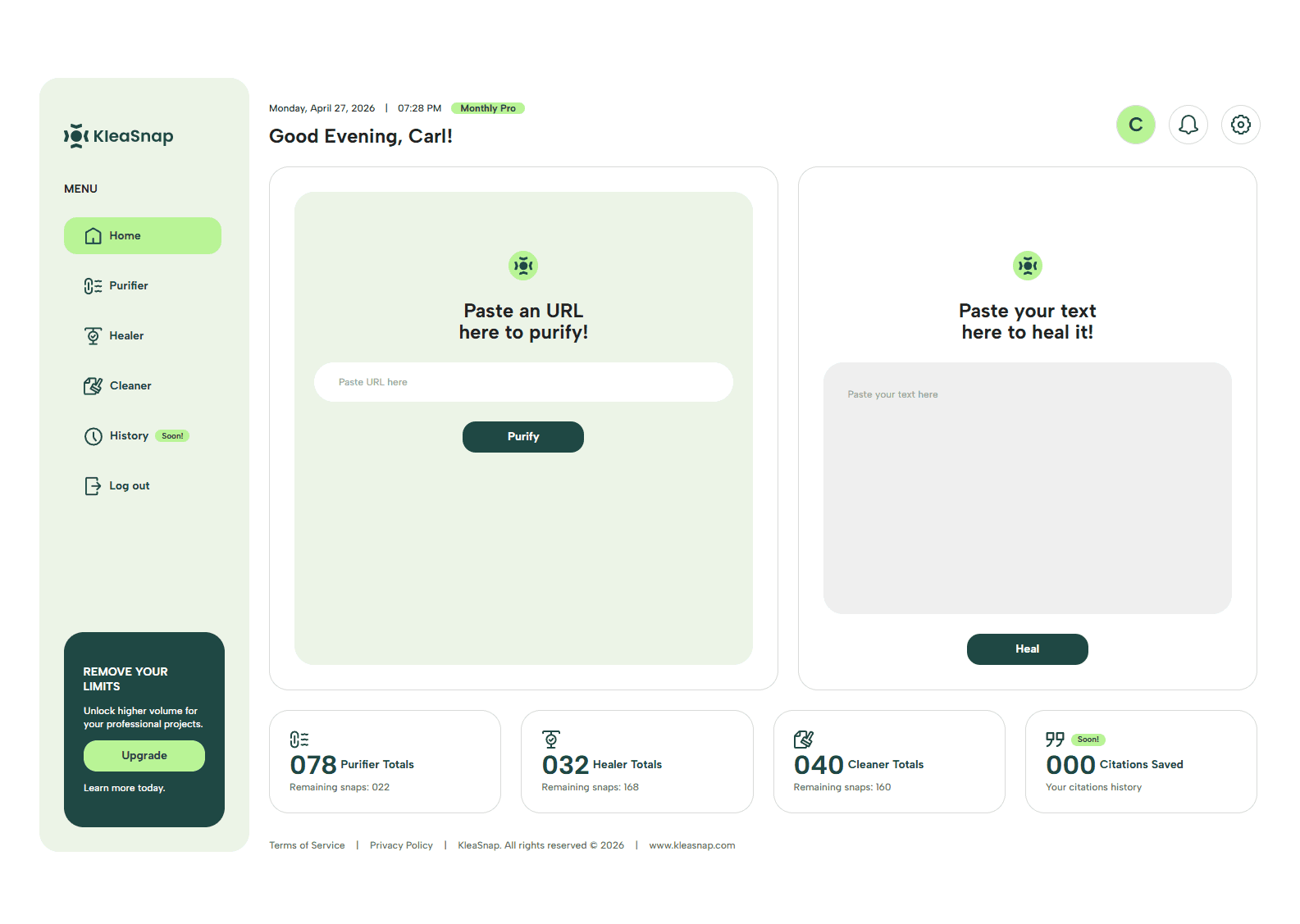 KleaSnap home dashboard showing the following features: URL to purify, Text to heal, Advanced history options, navigation bar and user customized dashboard experience