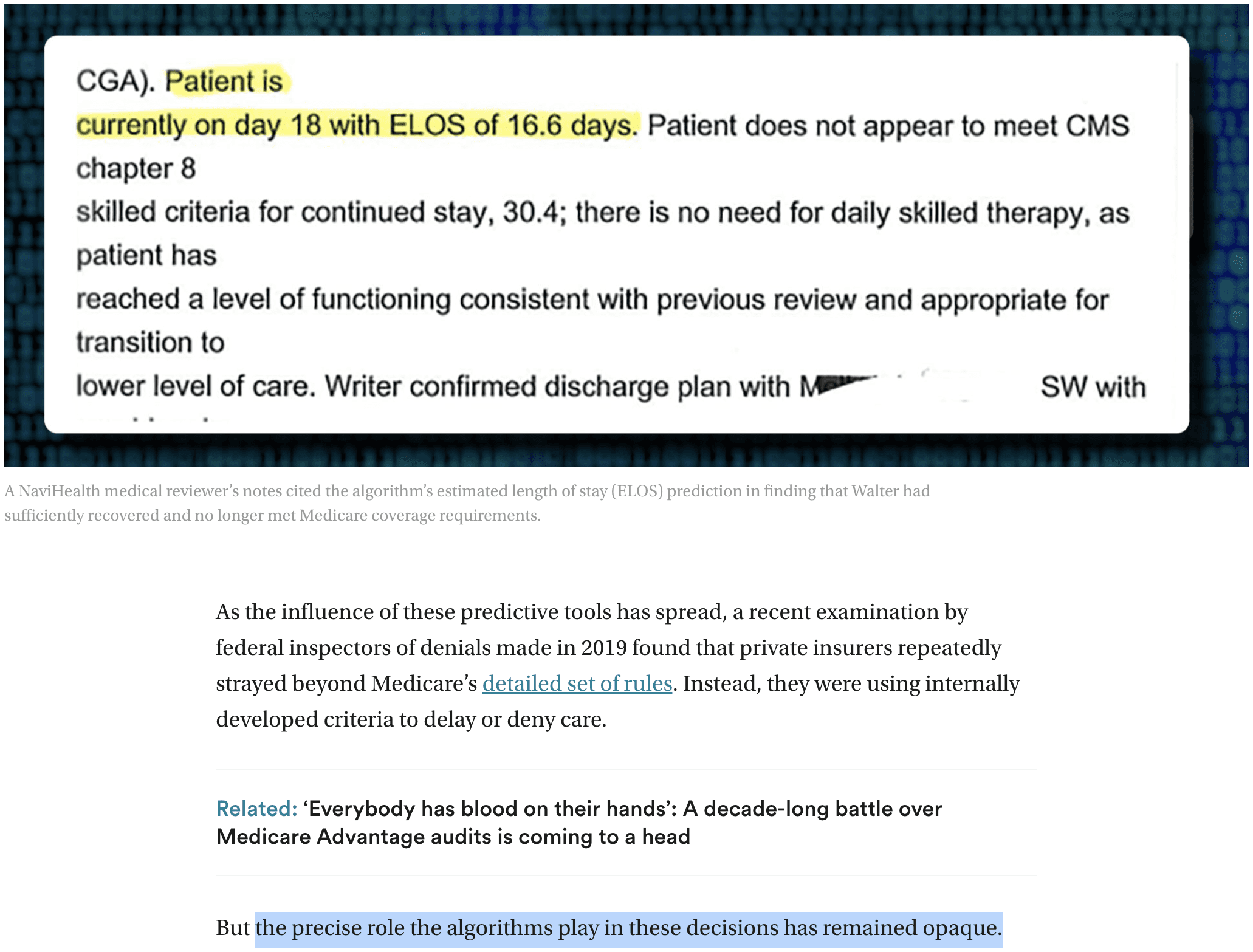 Evidence presented in the STAT article depicting a company's insurance algorithm denying continued coverage for a patient.