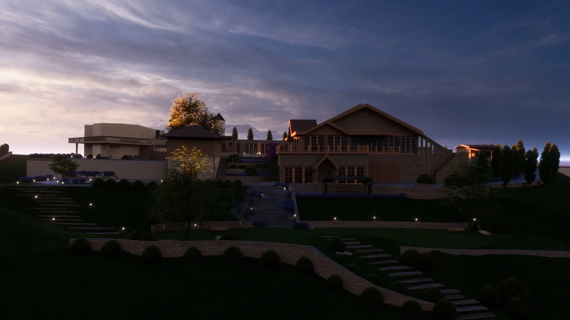 Luxurious estate during twilight with modern and traditional design elements amidst a landscaped garden with grassy terraces, trees, and highlighted stone pathways.