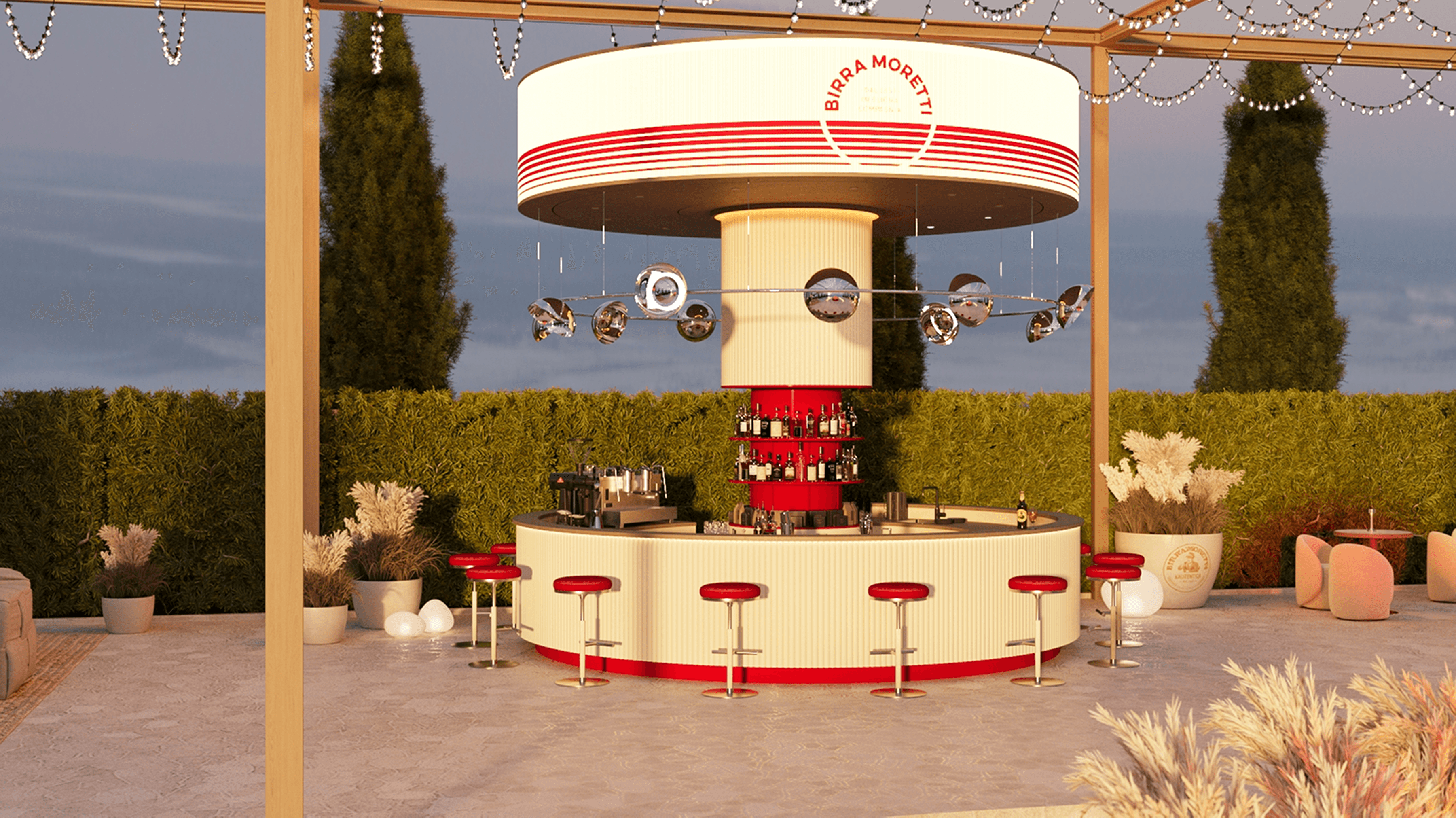 Bar zone visual branded for Birra Moretti Sunsets open-air cinema event, designed by our team