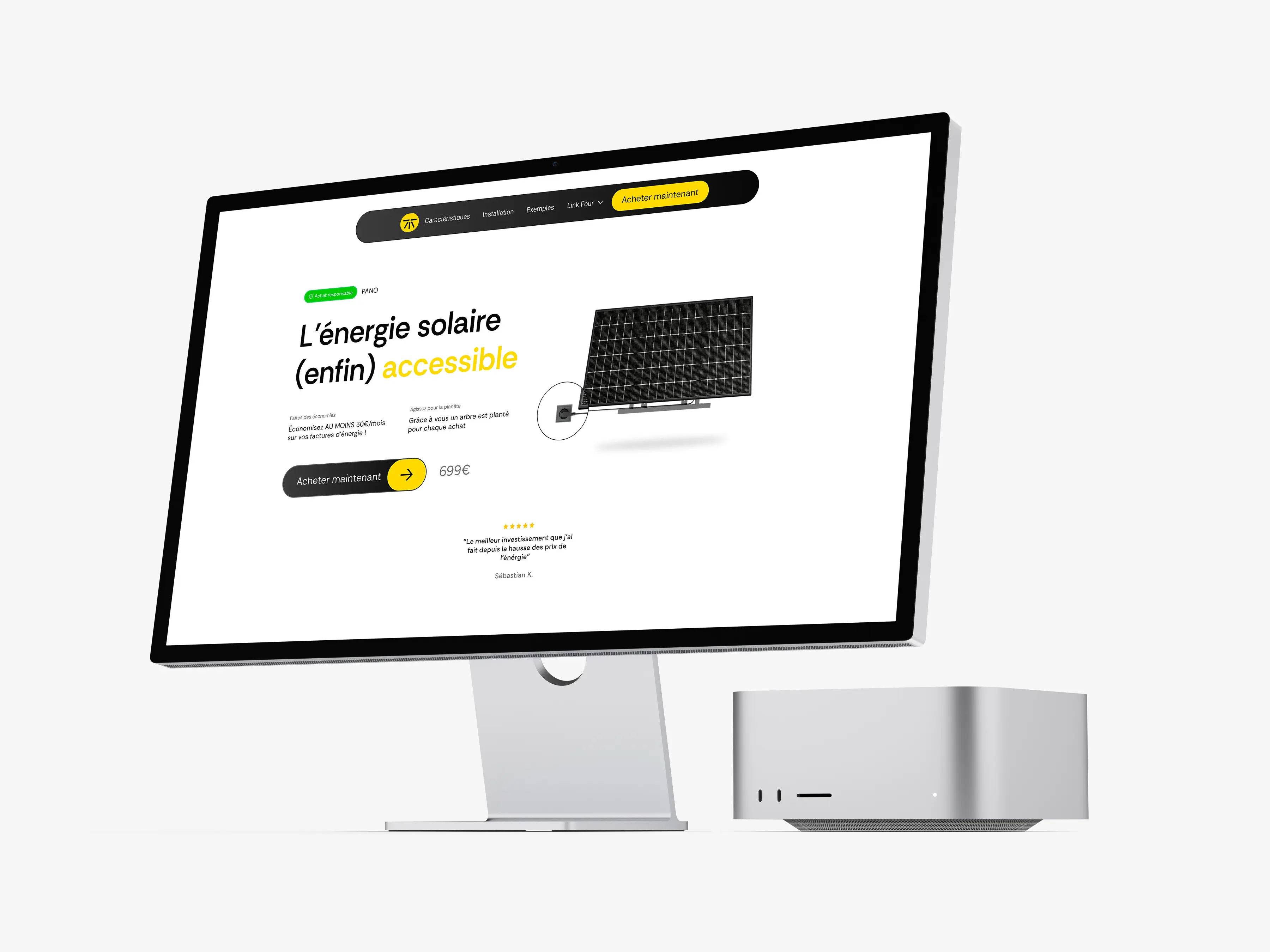 landing page for energy solar startup in mac studio mockup