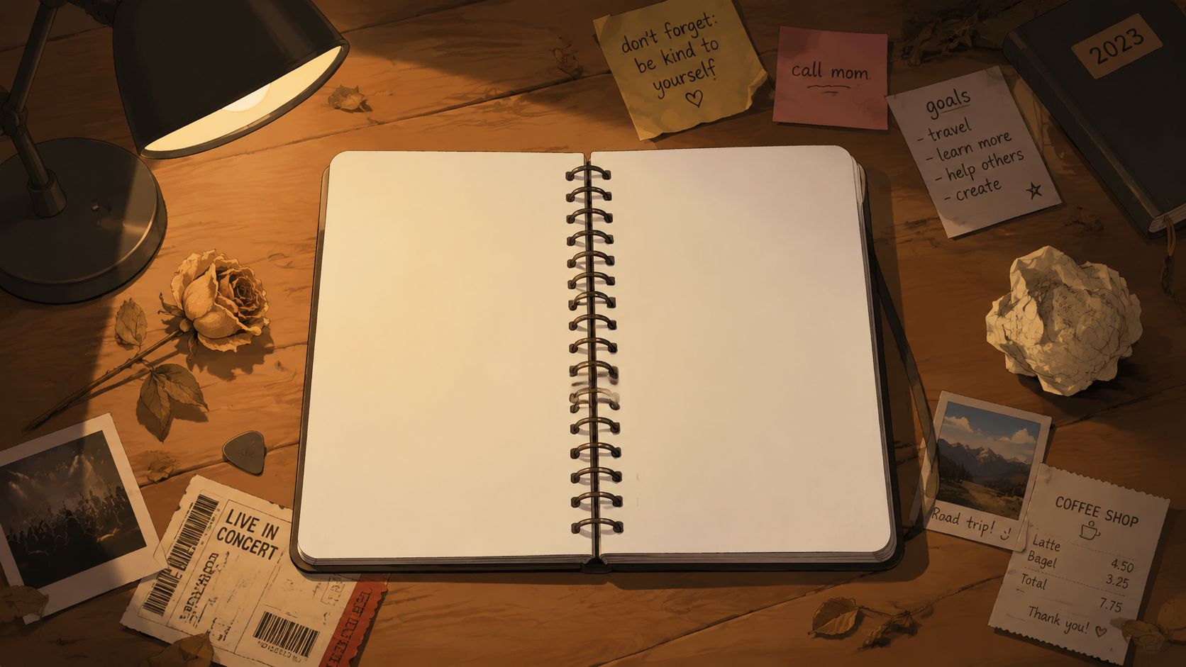 An open spiral notebook on a wooden desk with a lamp, photos, notes, and personal items.