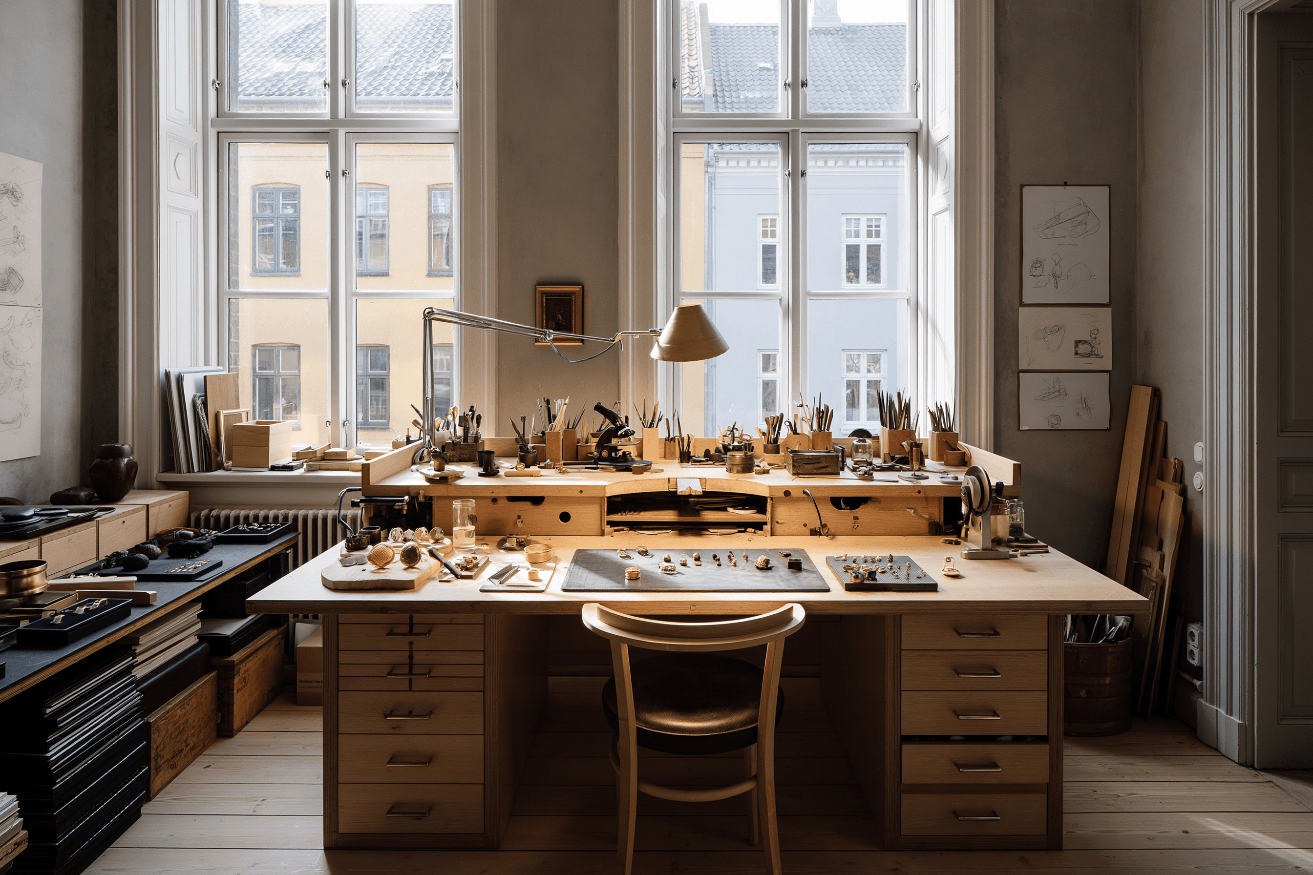 A well-lit, organized woodworking or jewelry workshop with wooden workbenches, tools arranged in containers, technical drawings on the walls, and large windows overlooking European-style buildings with tiled roofs. Natural light streams in, illuminating small works-in-progress on the central table, while shelves and drawers provide storage throughout the space.