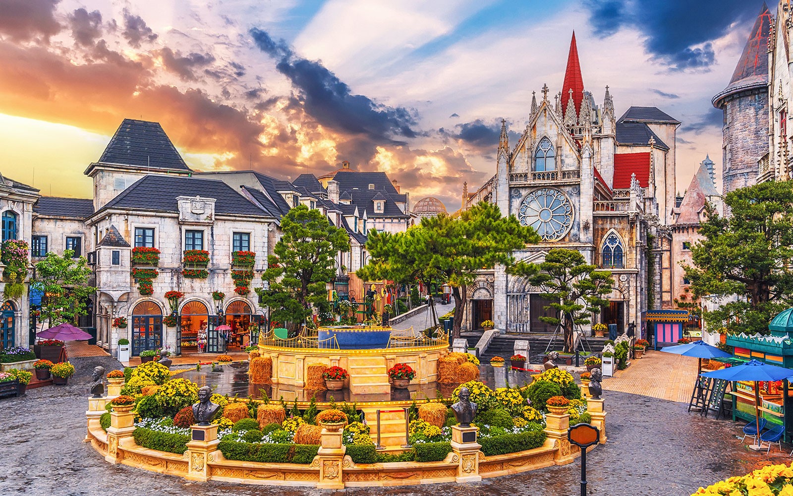 Catholic cathedral on square in Ba Na Hills Park, Da Nang, Vietnam.