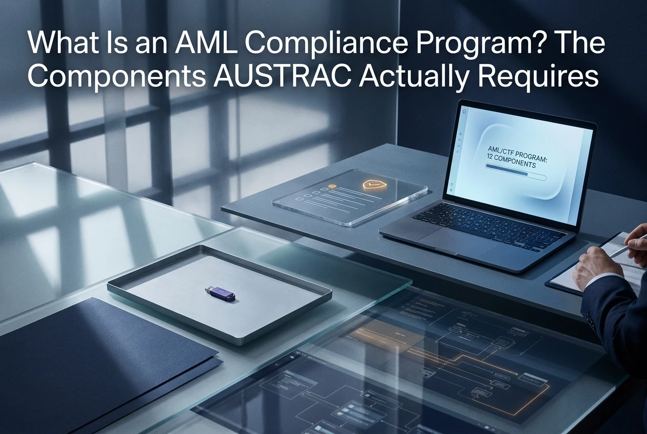 Professional header image for list-based article: What Is an AML Compliance Program? The Components AUSTRAC...