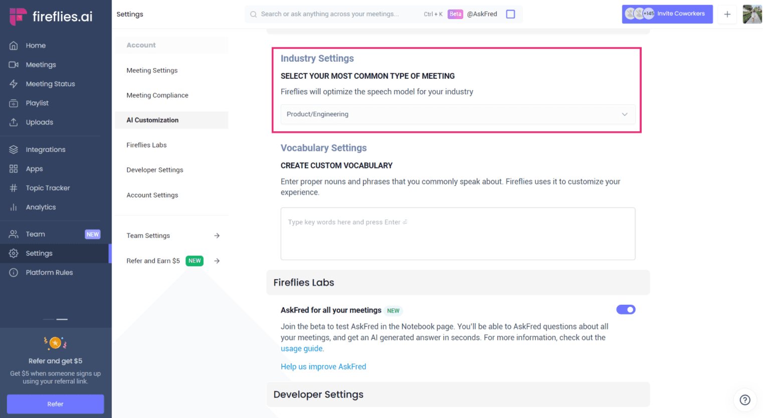 fireflies.ai add industry and custom vocabulary