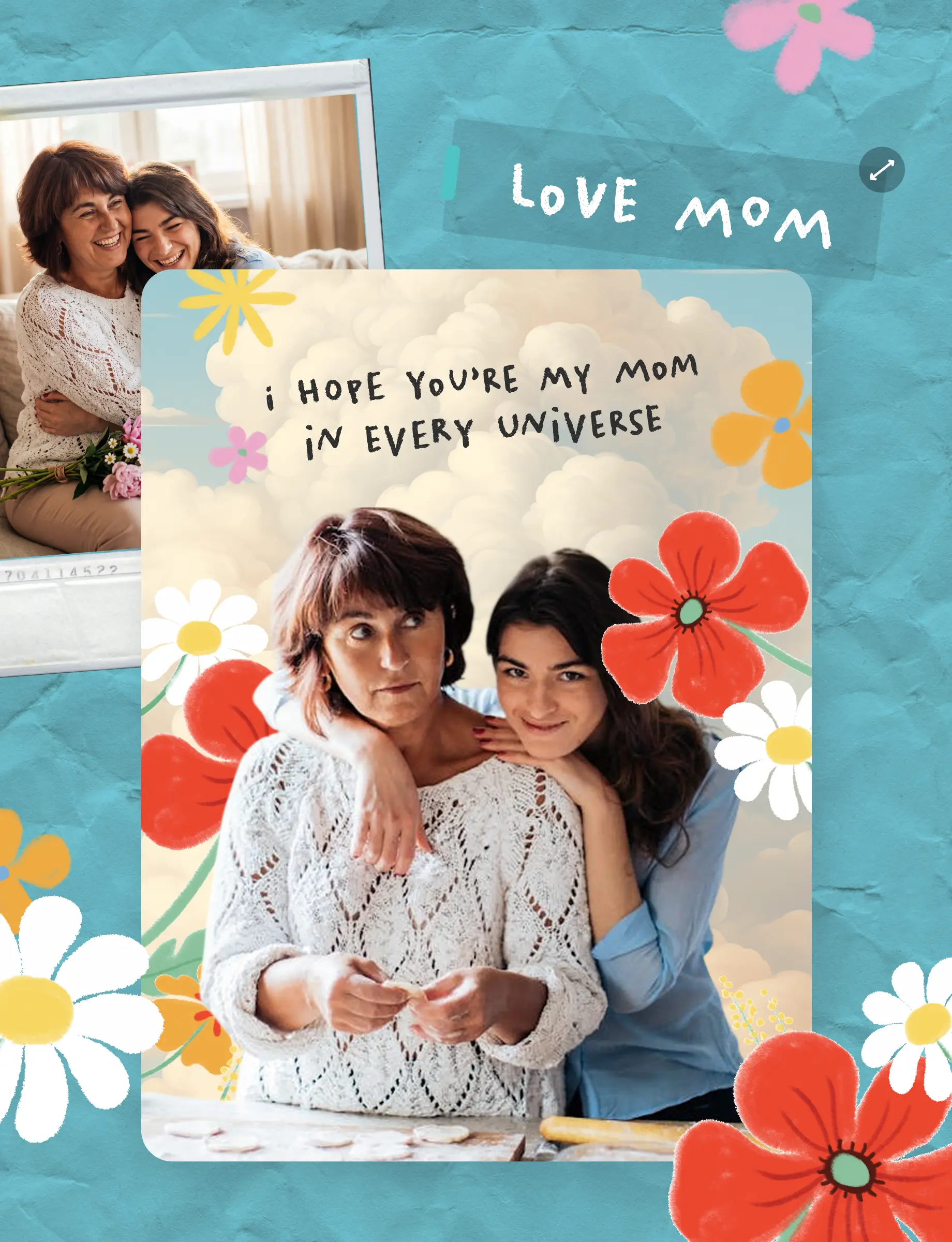 Mother's Day card being personalized with family photos and a 'Feliz Día de la Madre' message