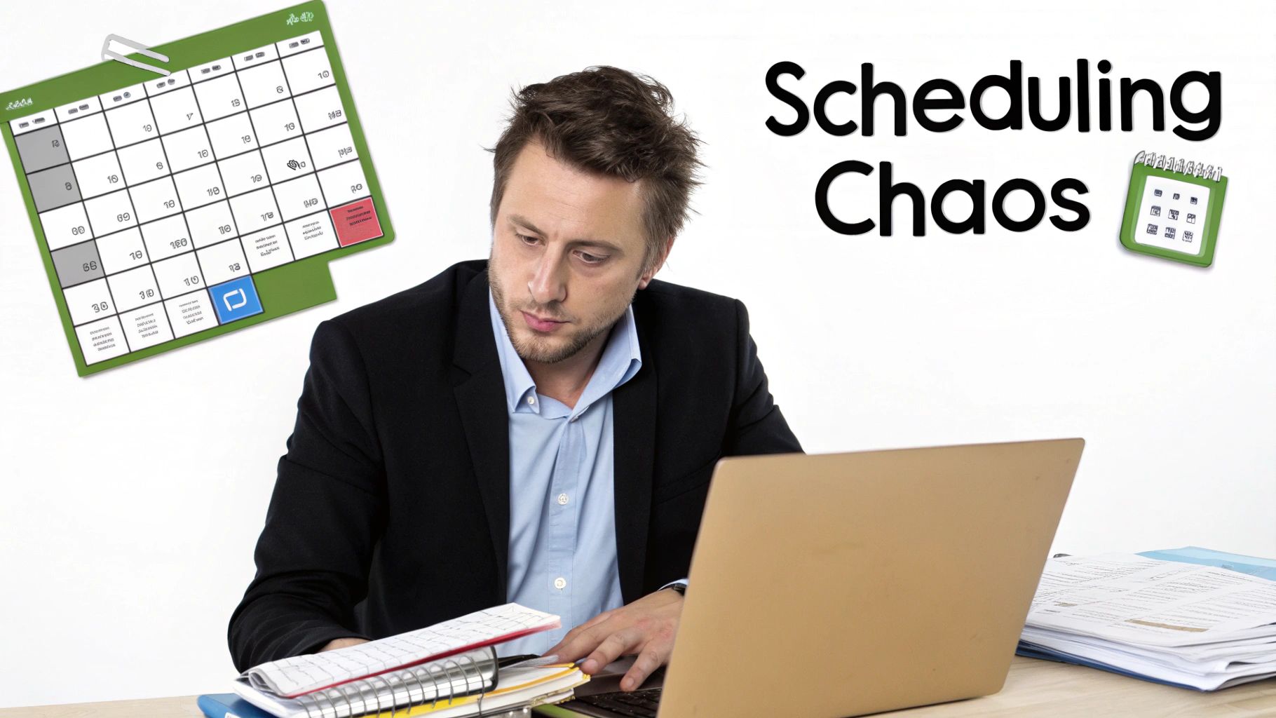 A man looking at a laptop with a large calendar and the text 'Scheduling Chaos' indicating a struggle with time management.