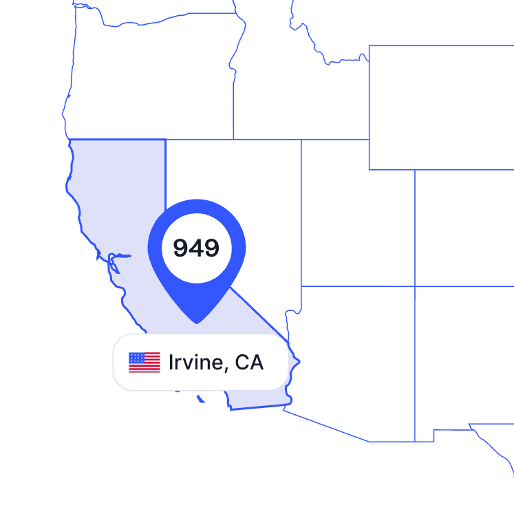 US map of 949 area code phone numbers and its coverage region