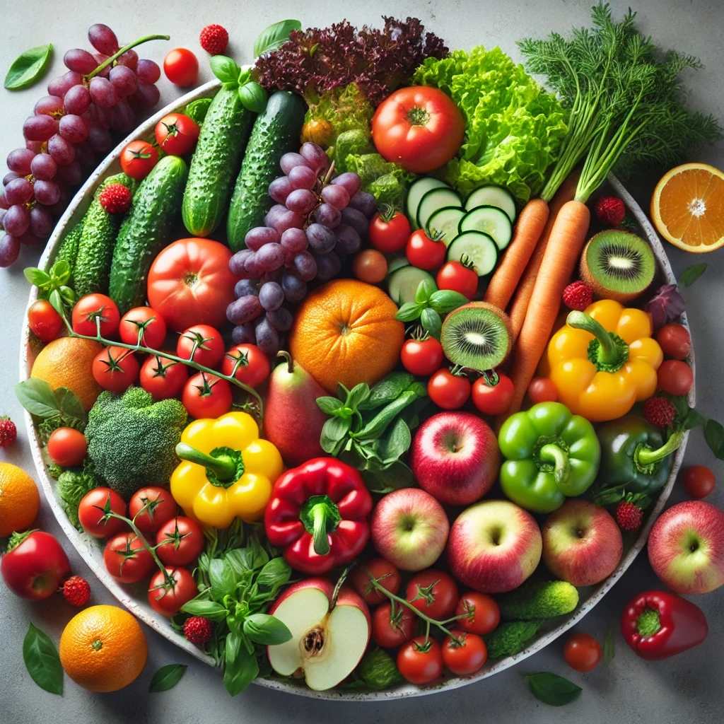 A plate filled with an assortment of colorful fruits and vegetables representing micronutrient diversity