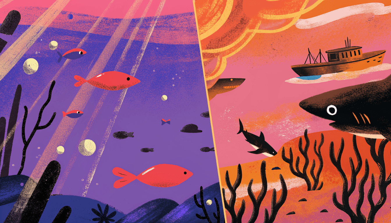 Split illustration of a calm blue ocean beside a crowded red ocean with a fishing boat and shark chasing fish