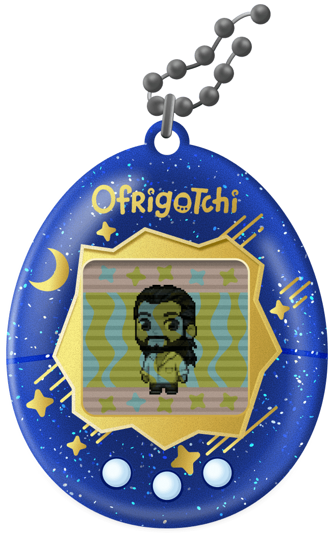 Blue glittery OfrigoTchi virtual pet with pixelated bearded man.