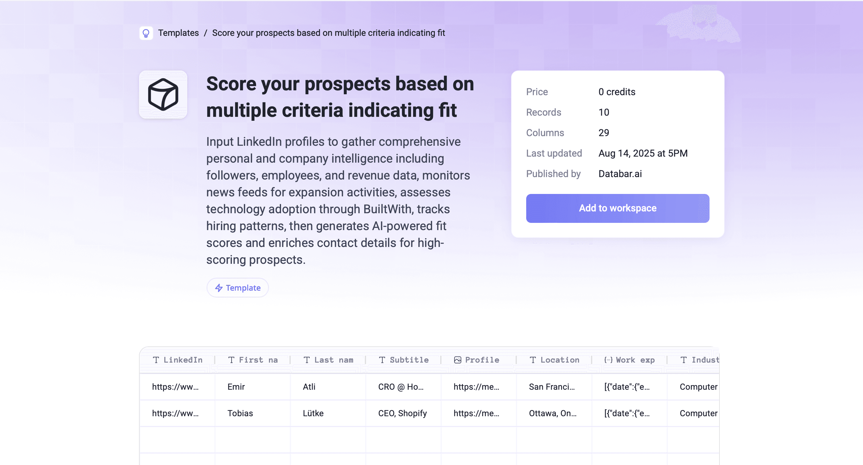 Multi-criteria prospect scoring tempalte