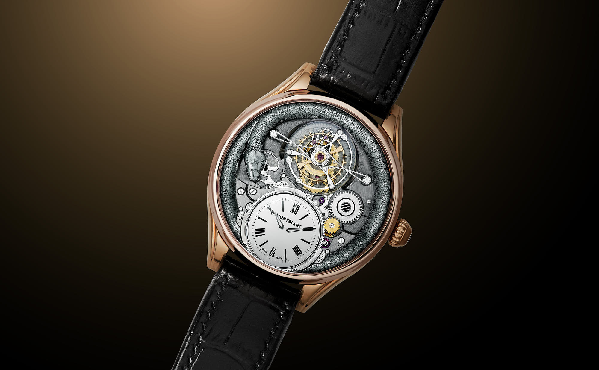 A close-up of a stylish watch with a detailed face, set against a soft-focus brown background.