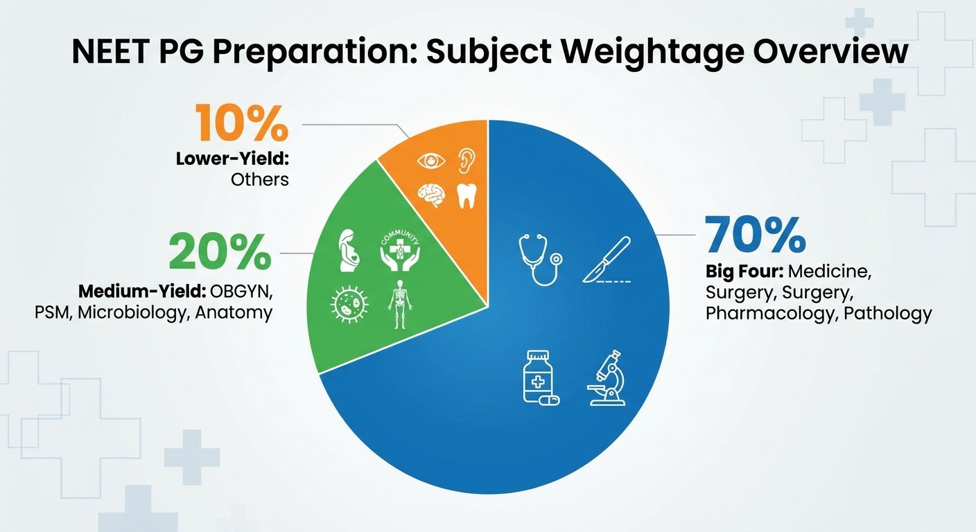 High-yield topics distribution pie chart showing 70-20-10 rule for NEET PG subjects