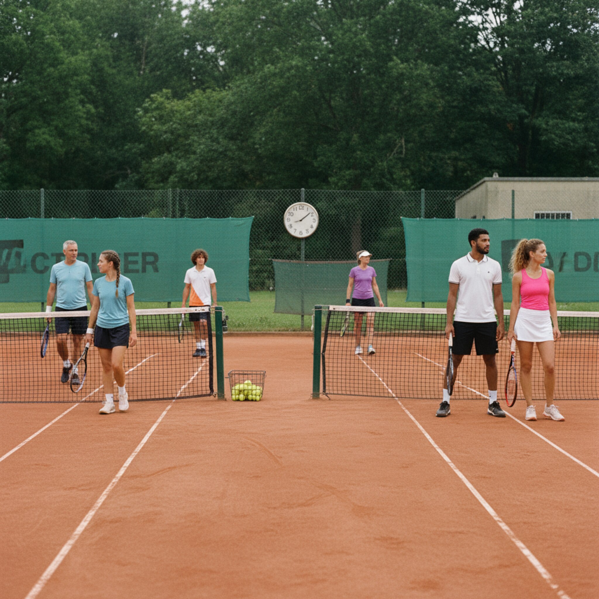 Auf zwei benachbarten Sandplätzen wechselt eine Vierergruppe diszipliniert die Seiten, während das nächste Doppel bereits an der Grundlinie wartet. Die Platzuhr zeigt Beginn der neuen Stunde, Bälle liegen bereit. Alles wirkt geordnet, die Übergabe ist fließend und fair.