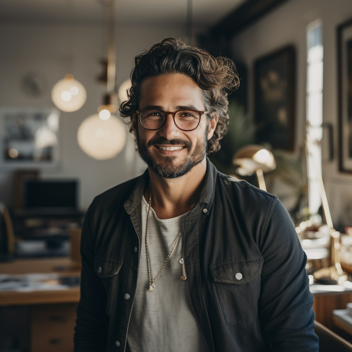 A smiling man with curly hair and glasses stands in a warmly lit room filled with decor and plants.