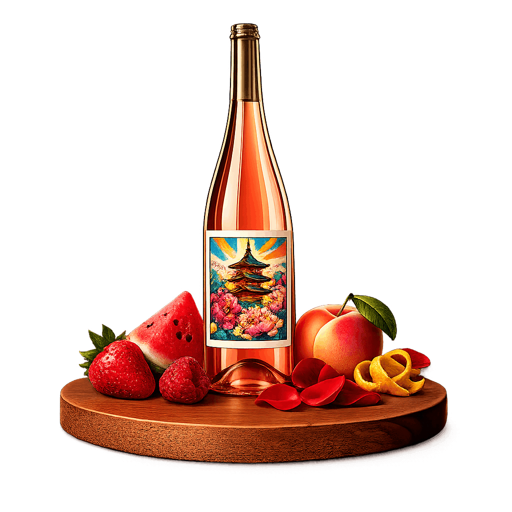 Artistic label and flavor profile for Chinese Rosé on a rustic wooden table.