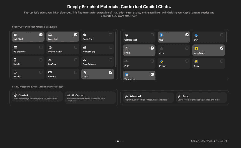 Pieces' onboarding interface.