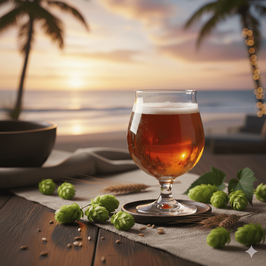 glass of beer on table with hop cones and view of coastal sunset