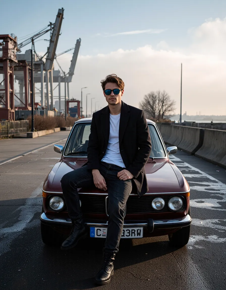 Man in black blazer and sunglasses sitting on vintage car hood in industrial waterfront setting