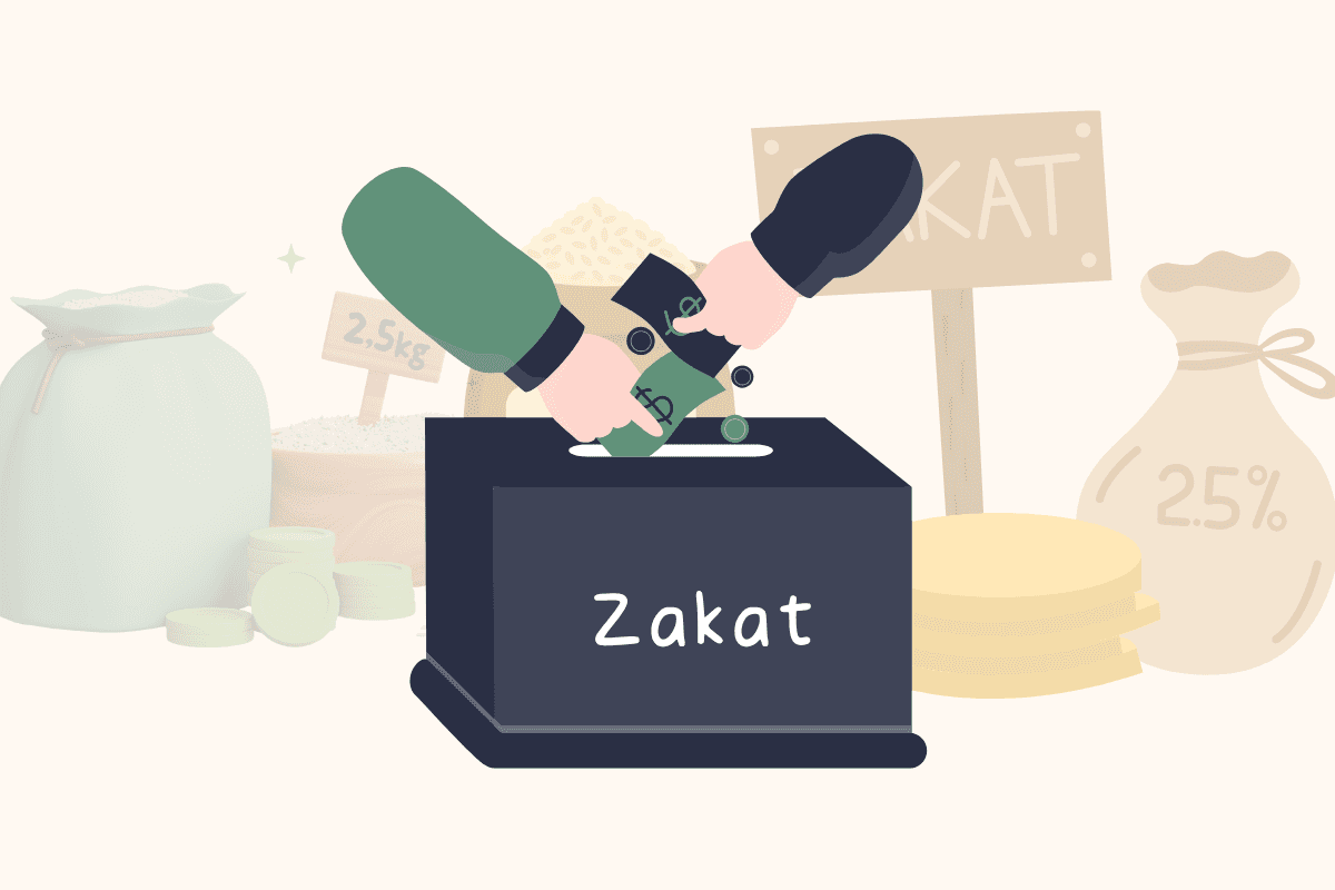 A flat, minimalist illustration representing Zakat. Two hands are shown placing money (bills and coins) into a dark blue donation box labeled "Zakat" in white text. In the background, there are various bags and containers of grain or rice, some labeled with "2.5kg" and "2.5%", along with a stack of gold coins and a wooden sign, symbolizing the traditional methods of charitable giving in Islam.