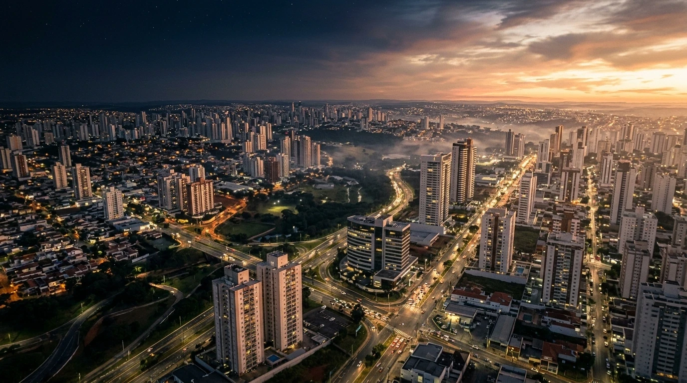 Vista aérea de uma cidade brasileira ao amanhecer com céu dividido entre noite escura e luz alaranjada, prédios iluminados começando a refletir o sol, representando o momento em que uma empresa atinge escala suficiente para internalizar marketing.
