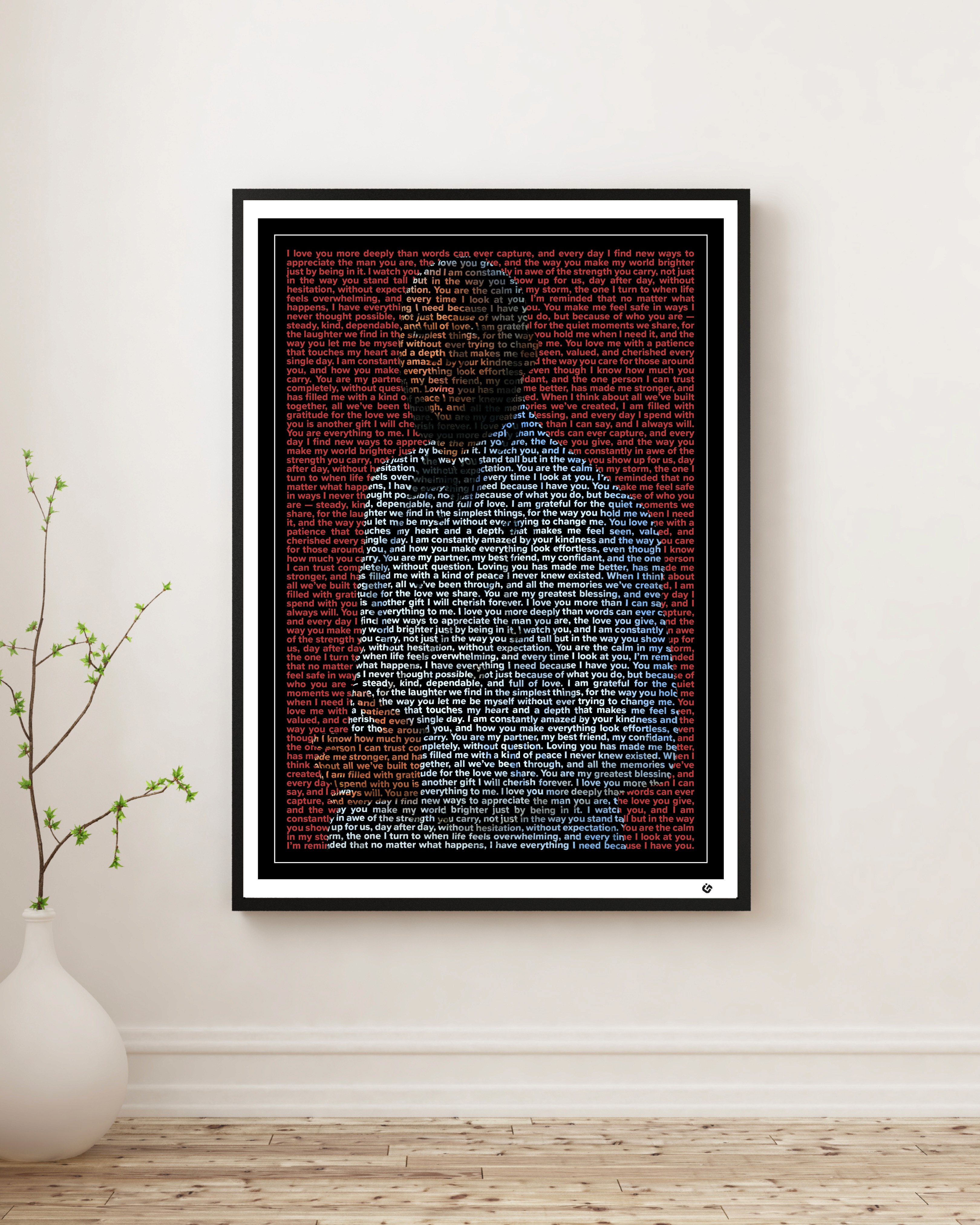 Custom text portrait of a man with short hair, created using romantic handwritten words that form his face and upper body, displayed inside a black frame with a thin white border and white mat. Personalized gift artwork by U-Go Experience.