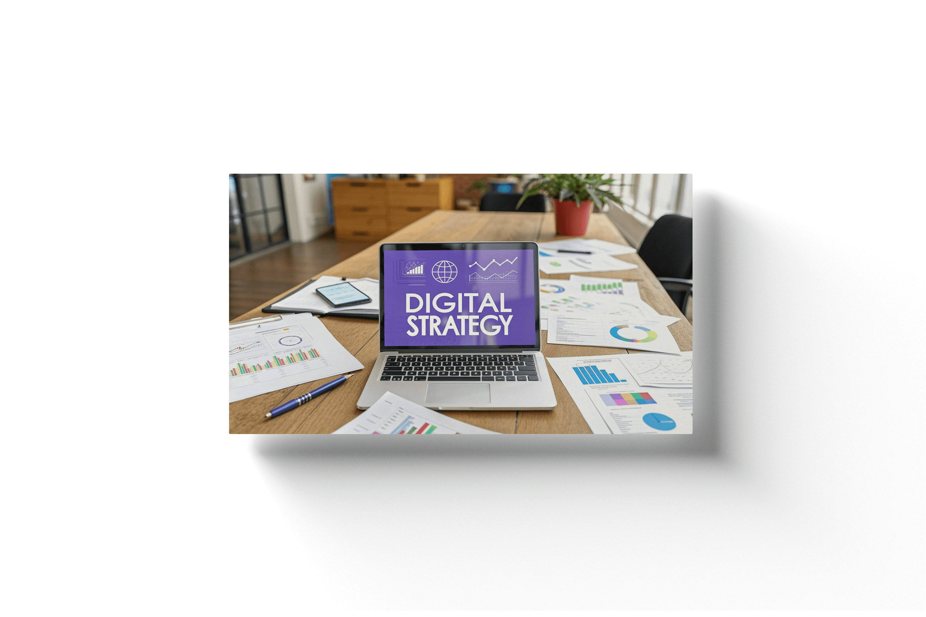 a laptop on a wooden desk displaying 'digital strategy' on a purple background with papers sprawled across the desk