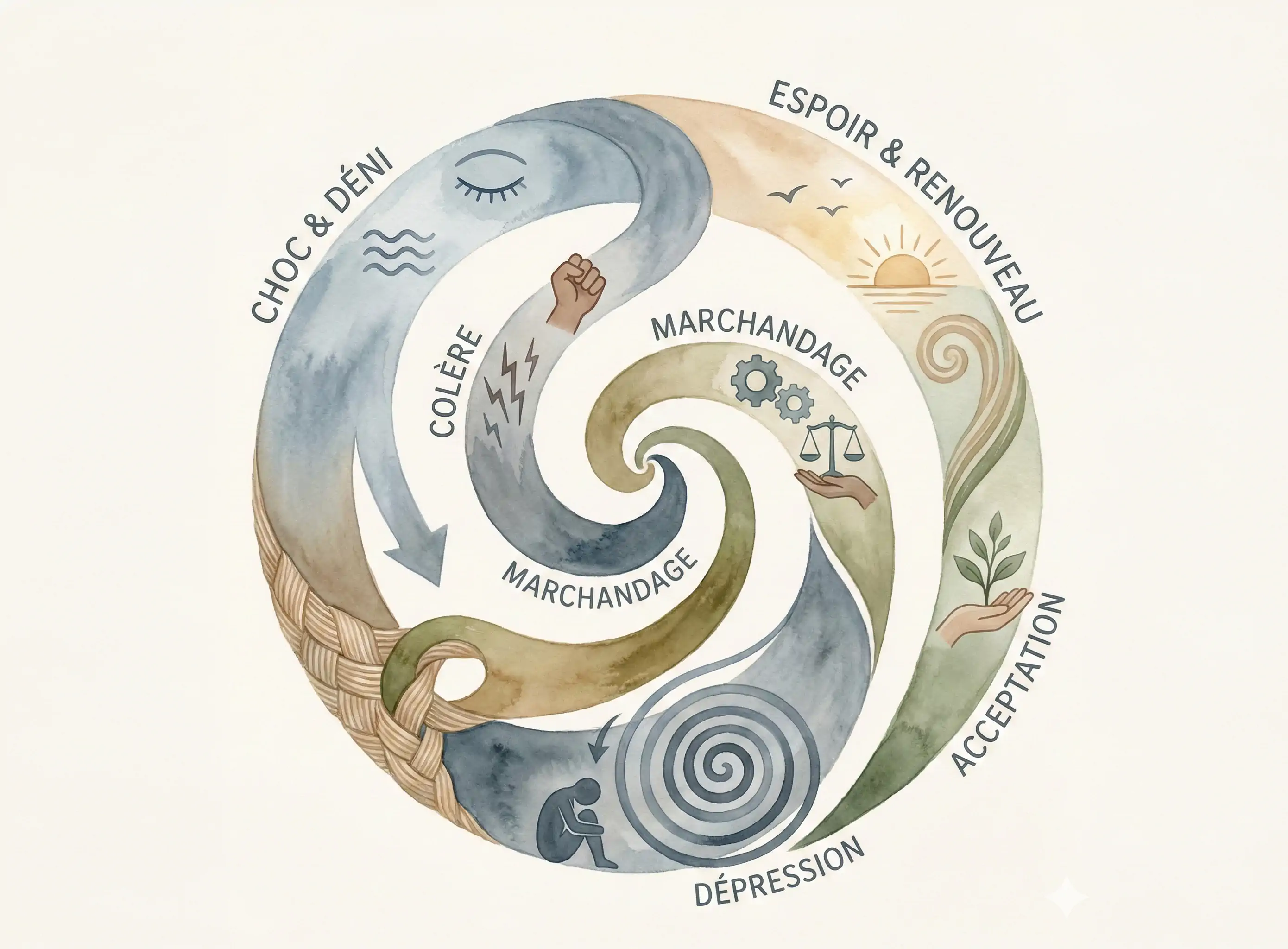 Schéma illustré des cinq étapes du deuil selon Kübler-Ross : déni, colère, marchandage, dépression et acceptation