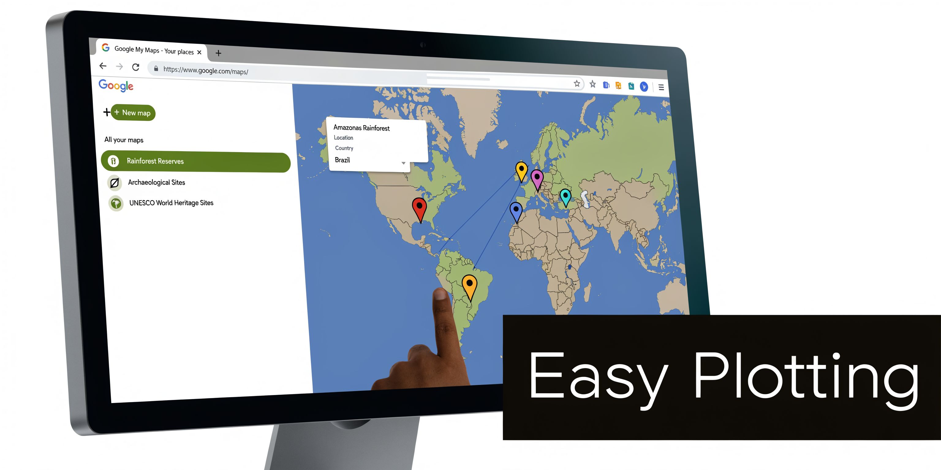 A computer screen showing Google My Maps interface with various locations plotted on a global map.