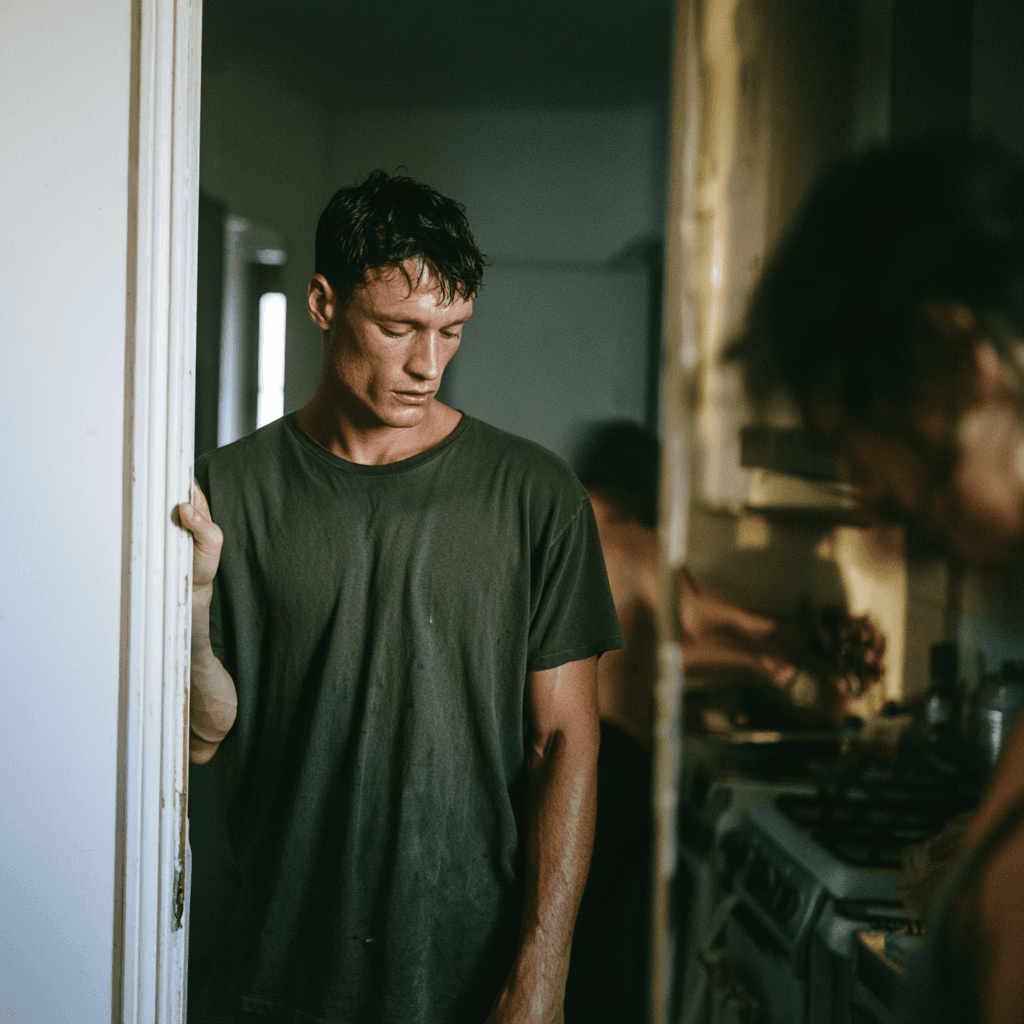A man pausing in a kitchen doorway, breathing before answering during a disagreement