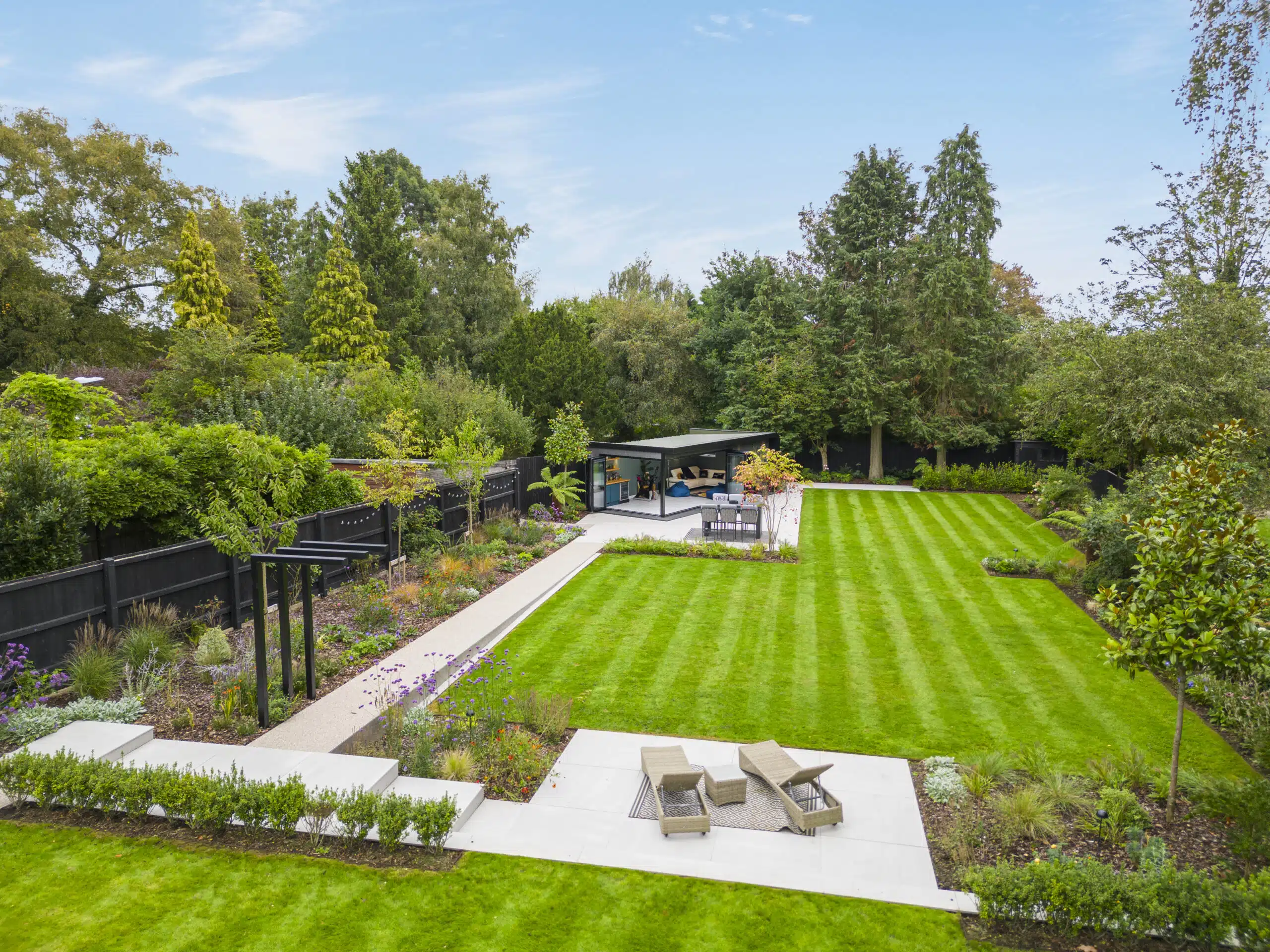Aerial view of a well-maintained garden featuring neatly trimmed grass, benches, and vibrant greenery under a clear blue sky.