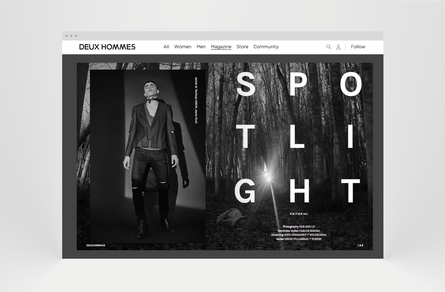 A black-and-white magazine layout featuring a model striking a pose in modern fashion alongside the word "SPOTLIGHT".