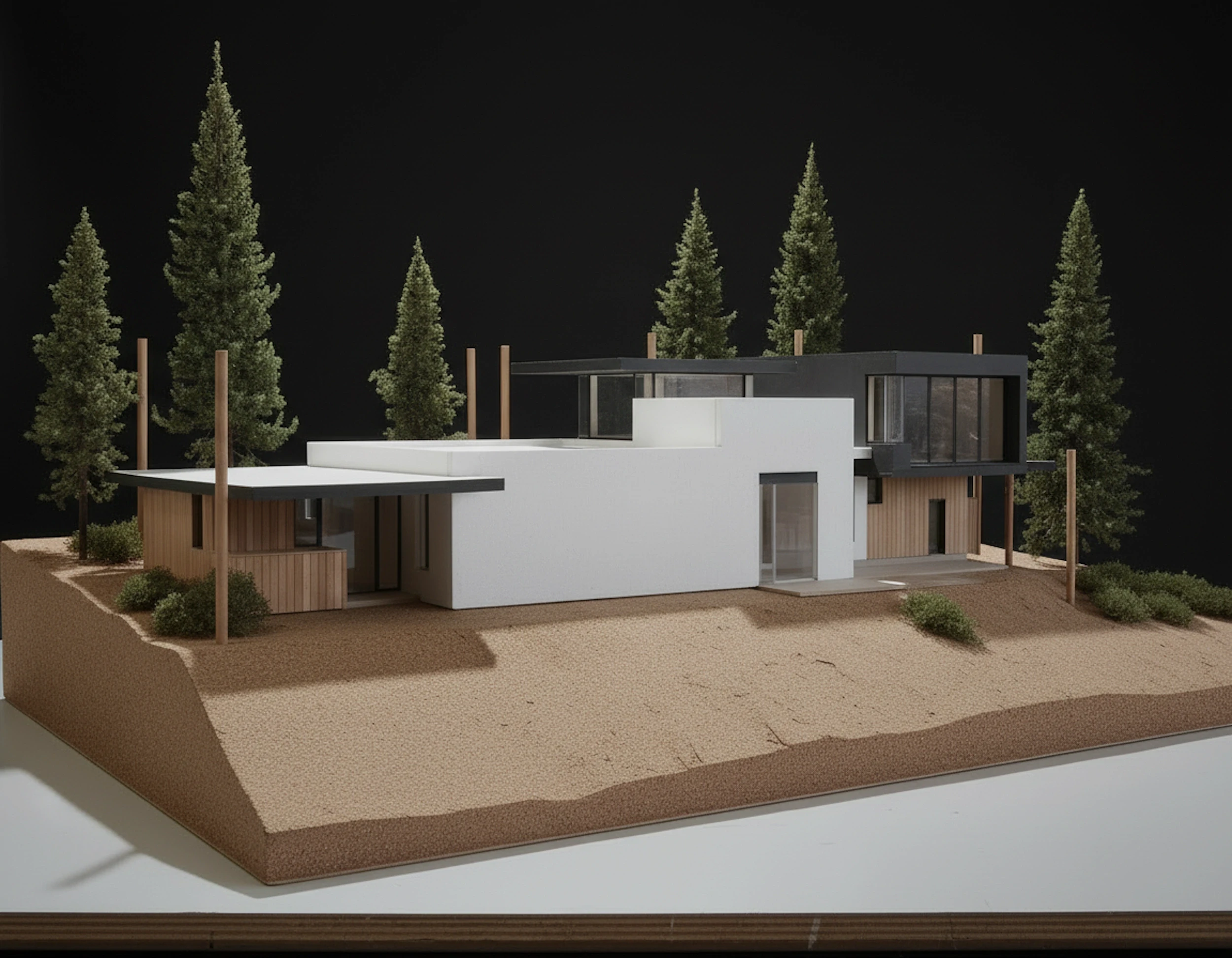Architectural massing model of a modern hillside residence with white volumes, timber accents, and surrounding pine trees.