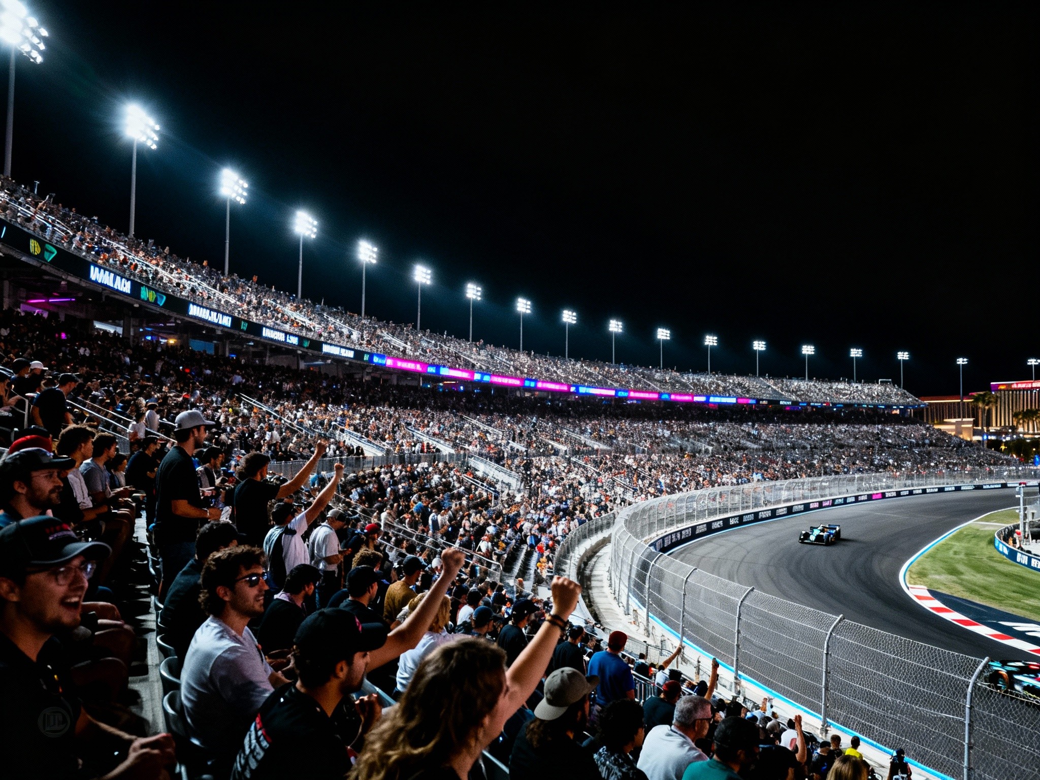 A dramatic shot during nighttime, portraying the grandstand filled with enthusiastic spectators