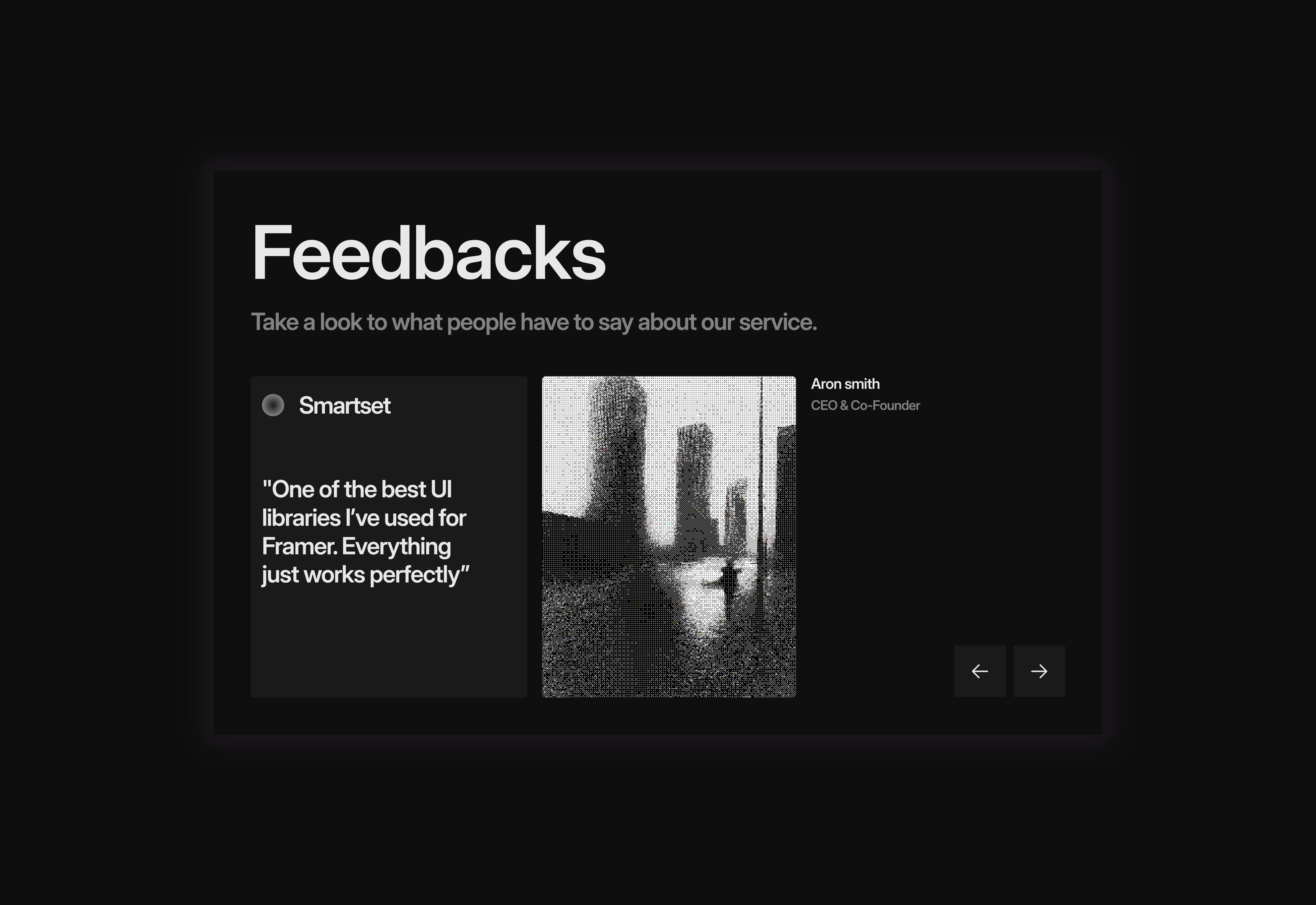A dark themed minimal style testimonials section with slider. The UI optimized for desktop screens.