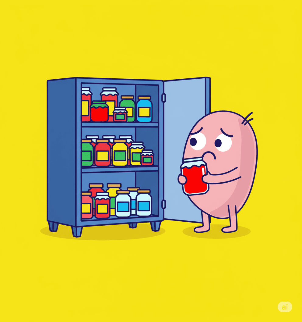 A worried pink potato-shaped character with big eyes and a furrowed brow holds a red jar while standing beside three open blue pantry shelves filled with colorful jars. The background is a solid bright yellow, and all elements are illustrated in a flat vector style with bold outlines and vibrant colors.